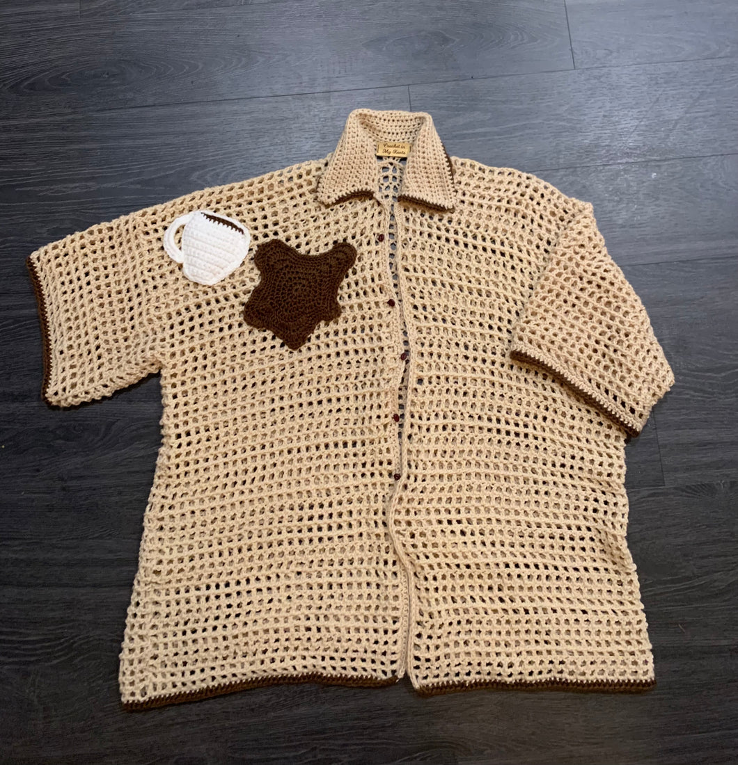 Handmade Crocheted spilled coffee luxury button up